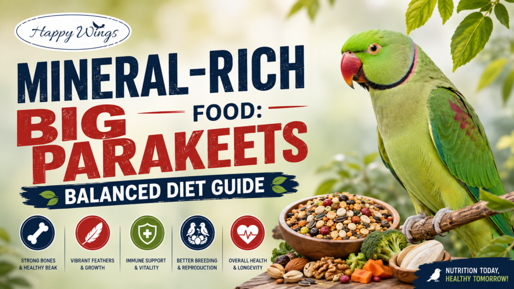 Mineral-rich food for big parakeets featuring a green parakeet, nutritious seeds, nuts, vegetables, and a balanced diet guide