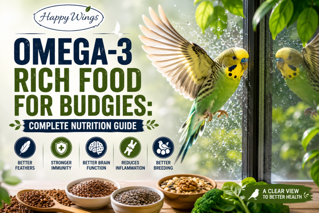 Omega-3 rich food for budgies with seeds, nuts, leafy greens, and a healthy budgie near a window