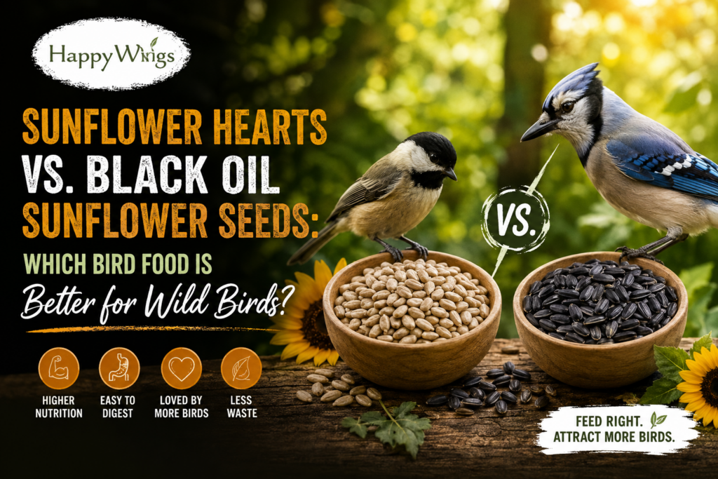 Sunflower hearts and black oil sunflower seeds with wild birds at a backyard bird feeder